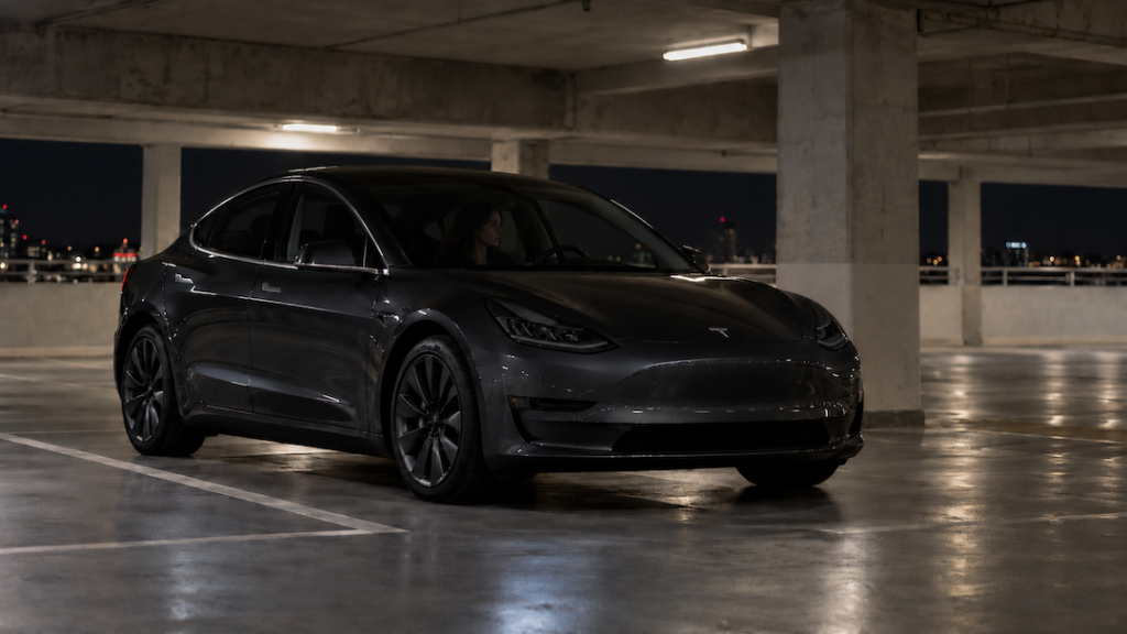 Woman in a tesla with a dead battery